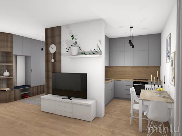 Home office, mudroom and kitchen