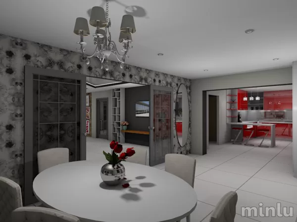 Living room, dining room, kitchen and bathroom