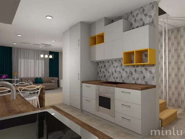 Kitchen + Living room + staircase in an open plan